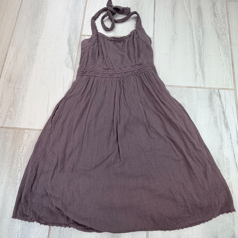 Maeve Anthropologie Brown Cotton Gauze Halter Dress Crochet Lace Smocked Back